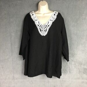 Premise Black White Linen Blend Tunic Top Women XL NWT Crochet Lace Boho Summer